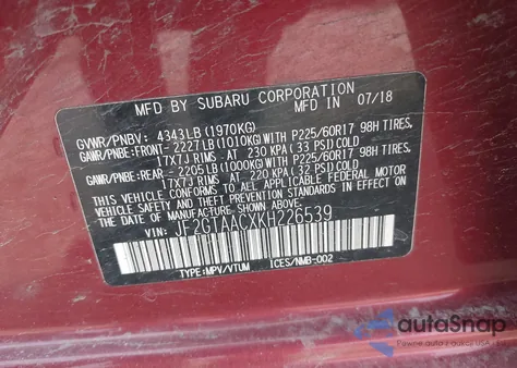 2019 Subaru Crosstrek 2.0I z USA, uszkodzony, nr VIN JF2GTAACXKH226539